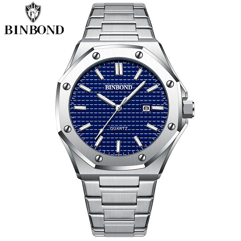 BINBOND Men's Classic Silver Stainless Steel Quartz Watch with Luminous Dial