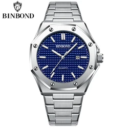 BINBOND Men's Classic Silver Stainless Steel Quartz Watch with Luminous Dial (Silver Blue)