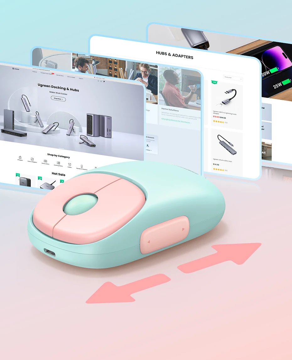 UGREEN-Mouse recarregável sem fio, Bluetooth 5.0, 2.4G,
