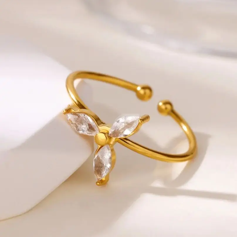 Zircon Flower Rings Gold Color Stainless Steel Crystal Adjustable Ring For Women