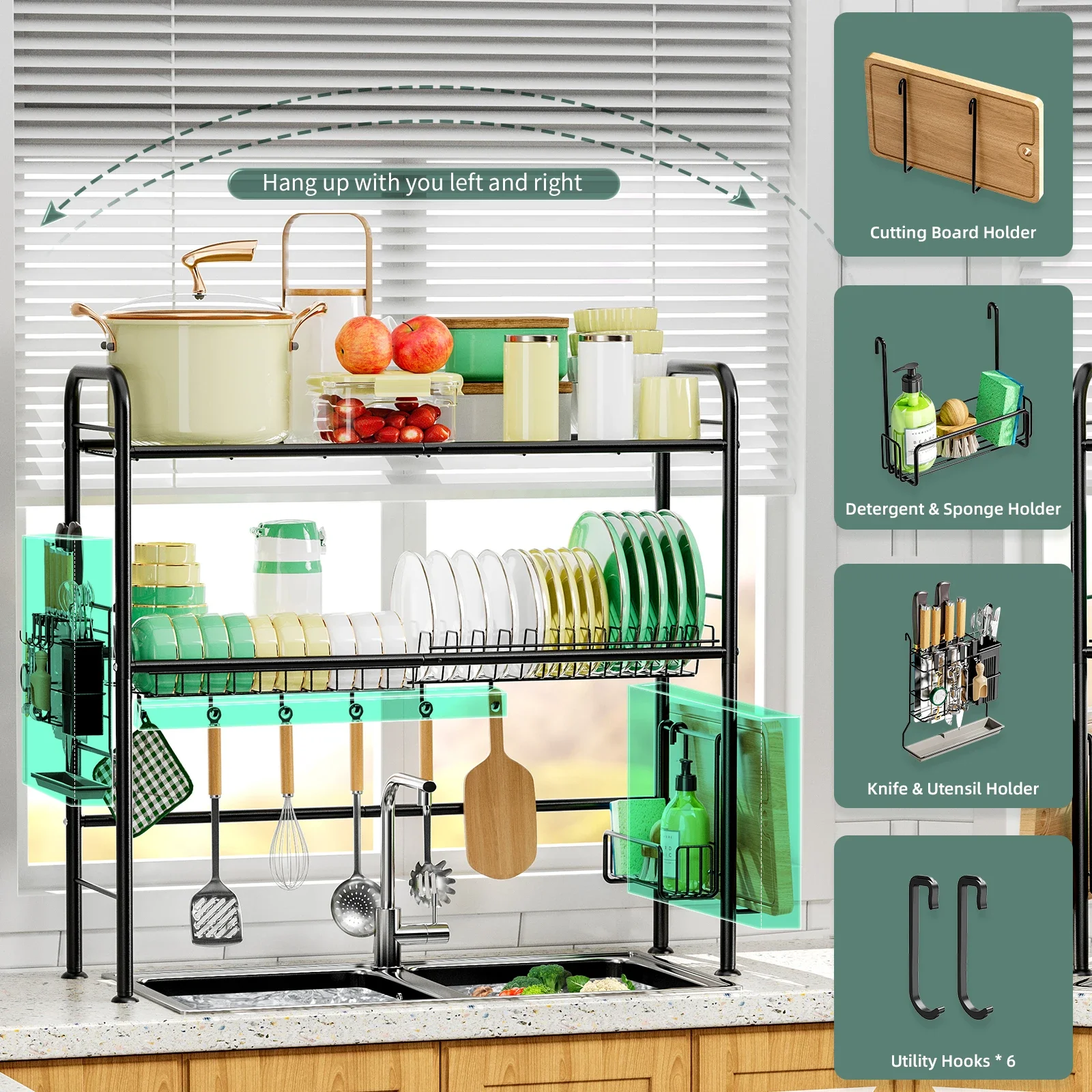 2tier Large over the Sink Drying Rack Kitchen Utensils cutting board Sponge detergent storage shelf Anti rust Black White 3