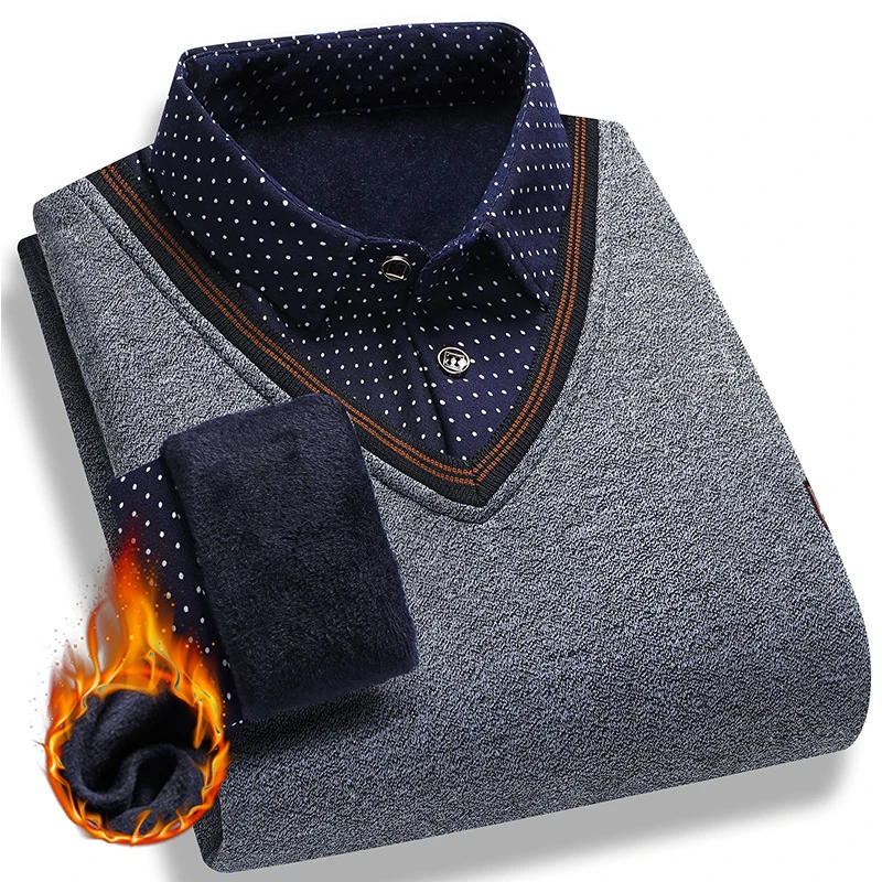 Men's Plush Sweater Autumn Winter Fake Two Piece Pullover Polo Shirt Collar Fleece Thick Warm Top Clothes Casual Jumpers 6