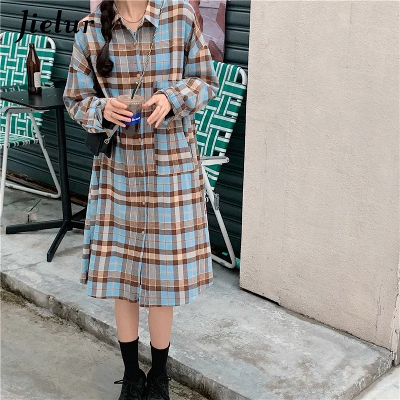 

Jielur Spring Loose Long Sleeve Pockets Plaid Shirts Women Blue Casual Single Breasted Blouse Orange Long Shirt Female S-XL