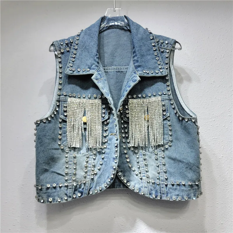 

Heavy Work Diamonds Tassels Denim Vest Women Slim Short Cowboy Waistcoat Korean Vintage Blue Sleeveless Jeans Jacket Coat Female