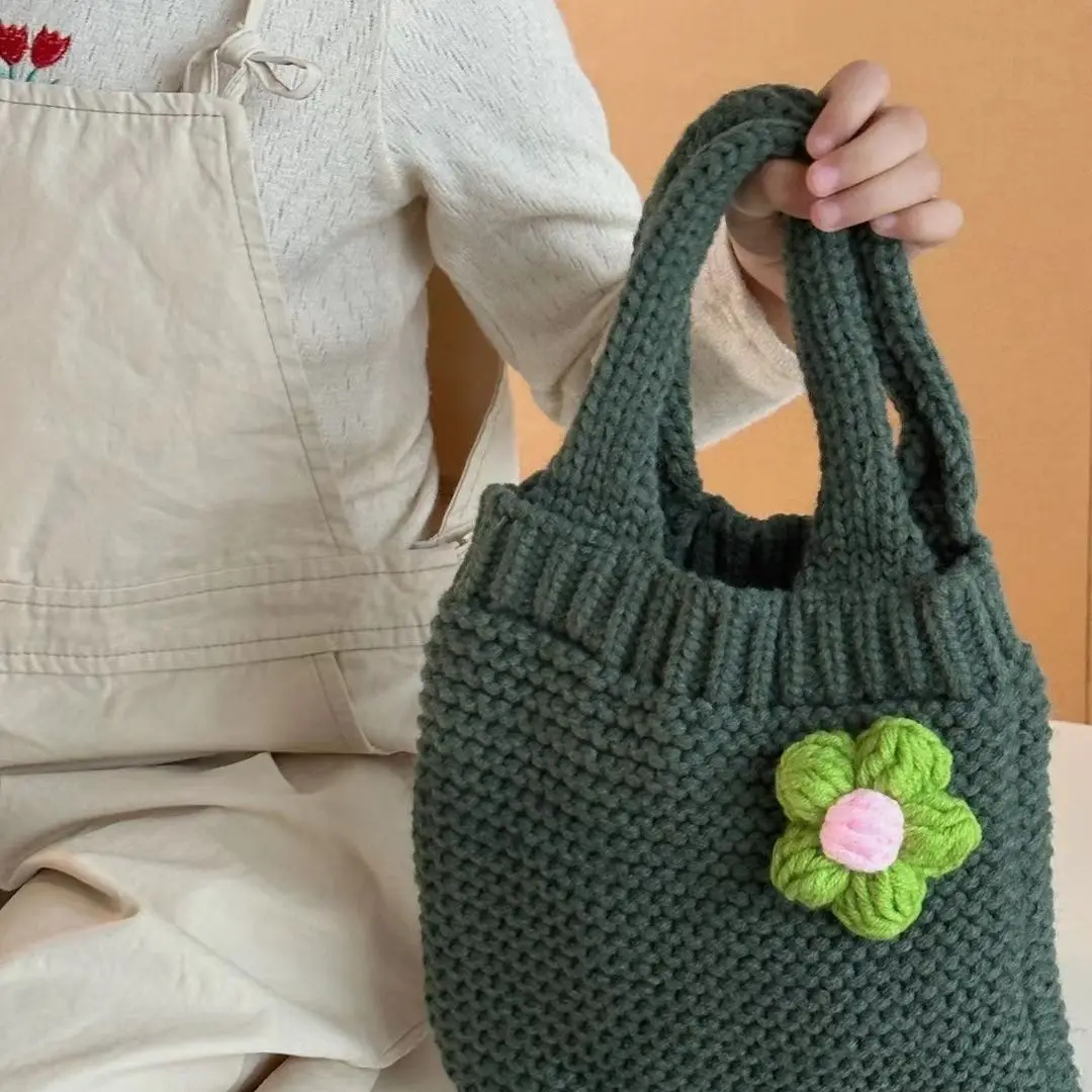 Kids Girls Cute Knitted Hand Bags Applique Solid Hand Bags Cute Photograph Prop Japanese Korean Style Kids Shoulder Bags 2