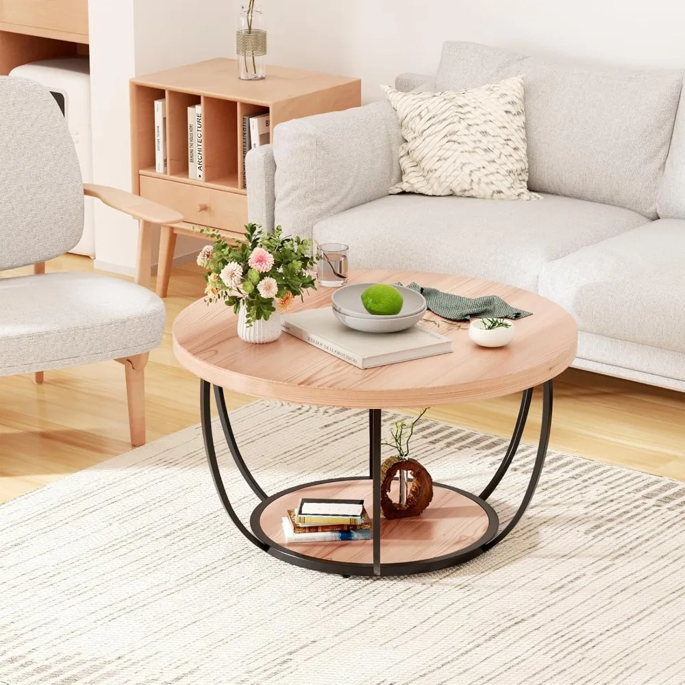 31.5" Round Coffee Table, 2-Tier Coffee Tables for Living Room, Small Wood Coffee Table with Storage, Modern Accent Center Table 2