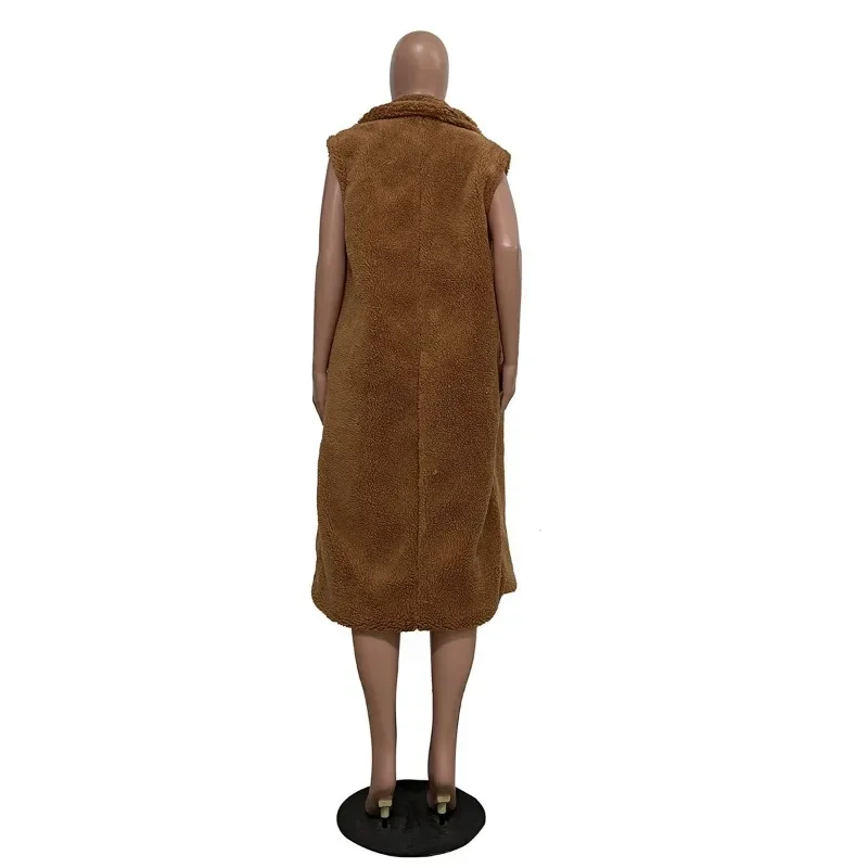 Solid Plush Long Cardigan Jacket Women Autumn 2023 Turn Down Collar Sleeveless Loose Casual Trend All Match Warm Coat Streetwear