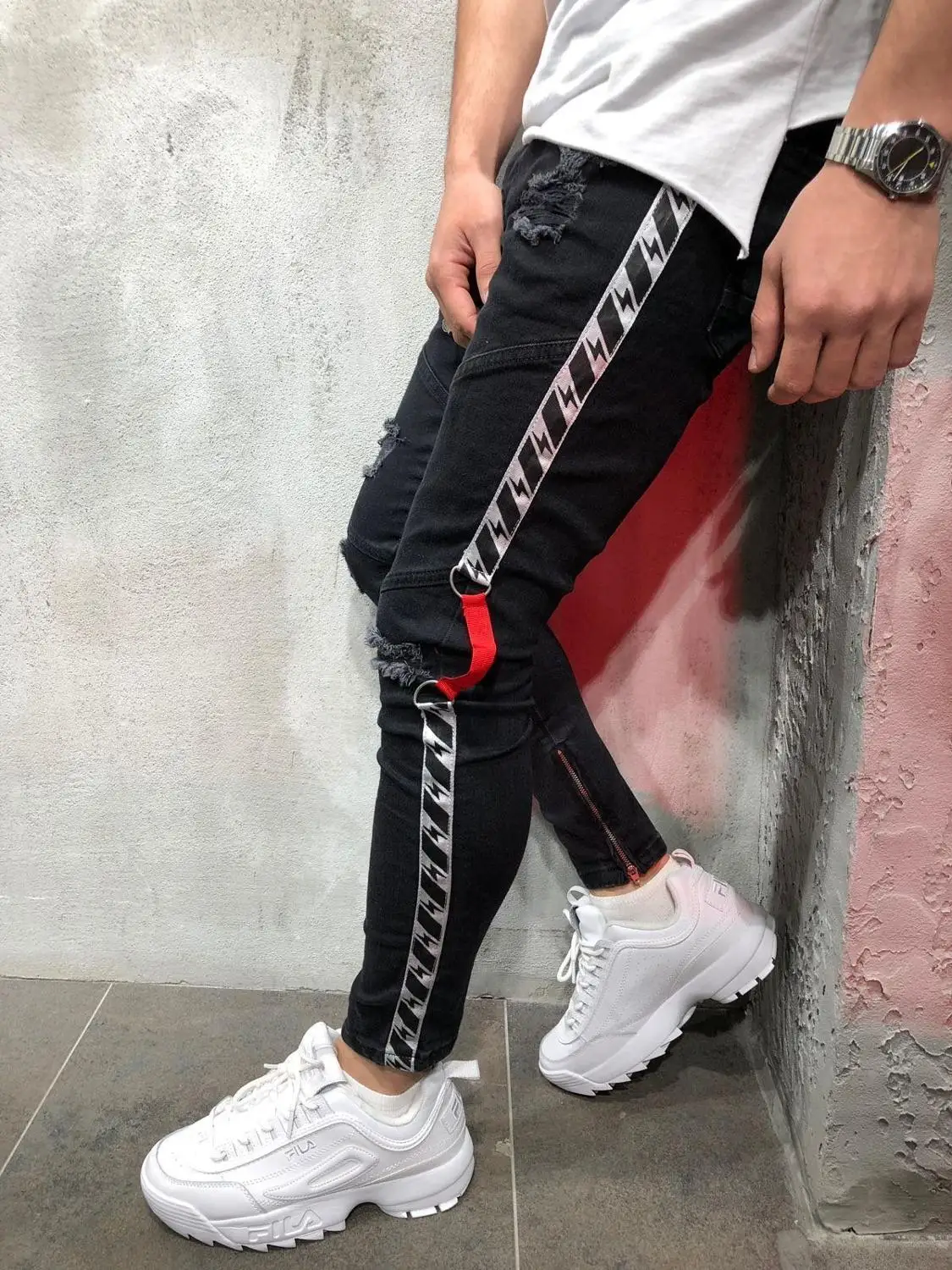 

New Mens Ribbon Patchwork Denim Trousers Fashion Hole Ripped Male Jeans Hip Hop Skinny Foot Zip Up Jeans Man Homme Pantalones 바지