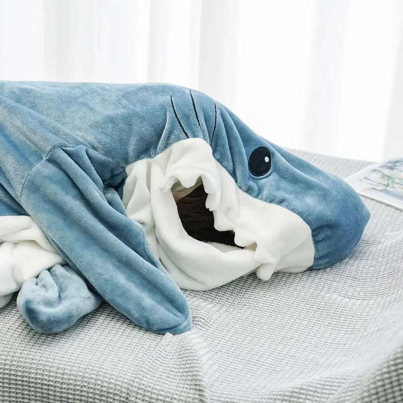 Cartoon Shark Pajamas Sleeping Bag Unisex Wearable Shark Blanket Hoodie Animal Blue Costume Pajamas Adult Kids Teenager