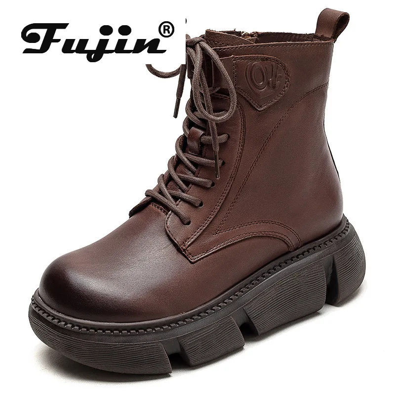 

Fujin 5cm Women Motorcycle Ankle Booties Big Toe Punk High Top Wedge Thick Soled Shoes Genuine Leather Autumn Knee High Boots