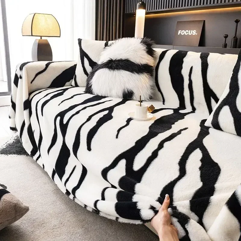 Light Luxury Rabbit Plush Sofa Cover Cloth Thick Anti Slip L Sofa Towel Leopard Print Backrest  Autumn Winter Couch Mat Blanket 5