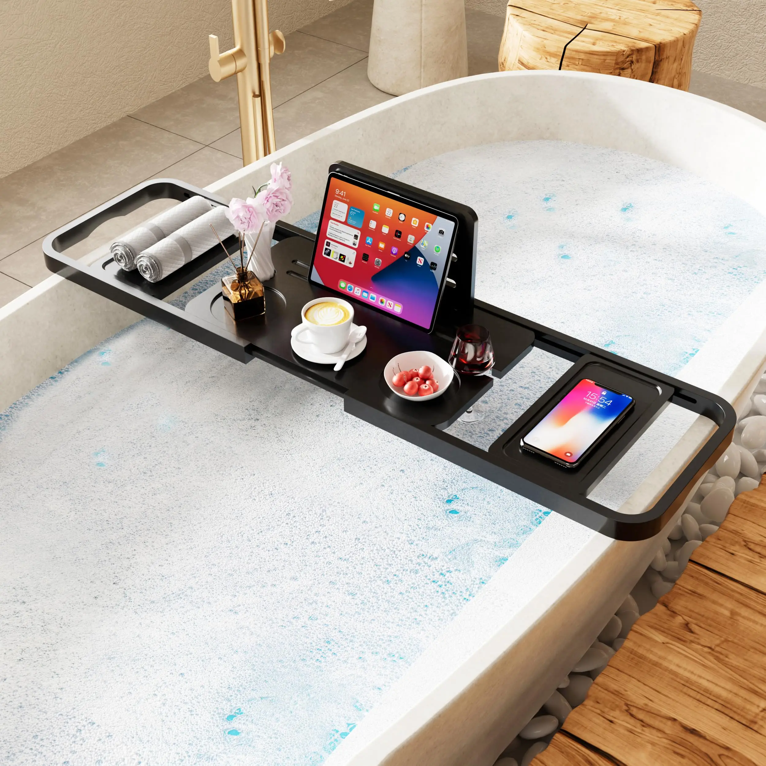Premium Bathtub Tray Caddy-Expandable Bath Caddy Tray-Adjustable Bamboo Bath Tub Table Unique House Warming Gifts Ne