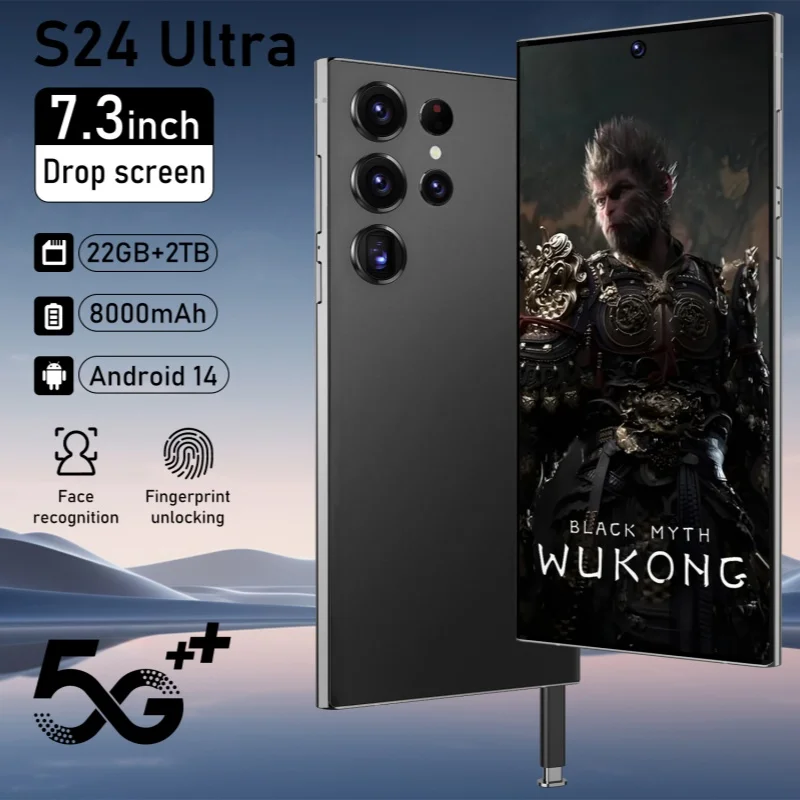 Smart Mobile Phones S24 Ultra 7.3 HD Screen 22GB+2TB 4G 5G Dual Sim 8000mAh Android Unlocked