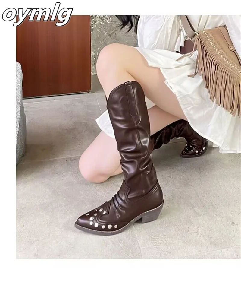 Long Boots Women's Pointed Thick Heel Riveted Western Cowboy Boots 2023 Autumn/Winter New Large V-neck High Barrel Knight Boots