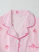 Ensemble pyjama imprimé nœud rayé rose et blanc pour femme, chemise boutonnée à manches longues et pantalon long, pyjama d'hiver pour la maison, décontracté 3