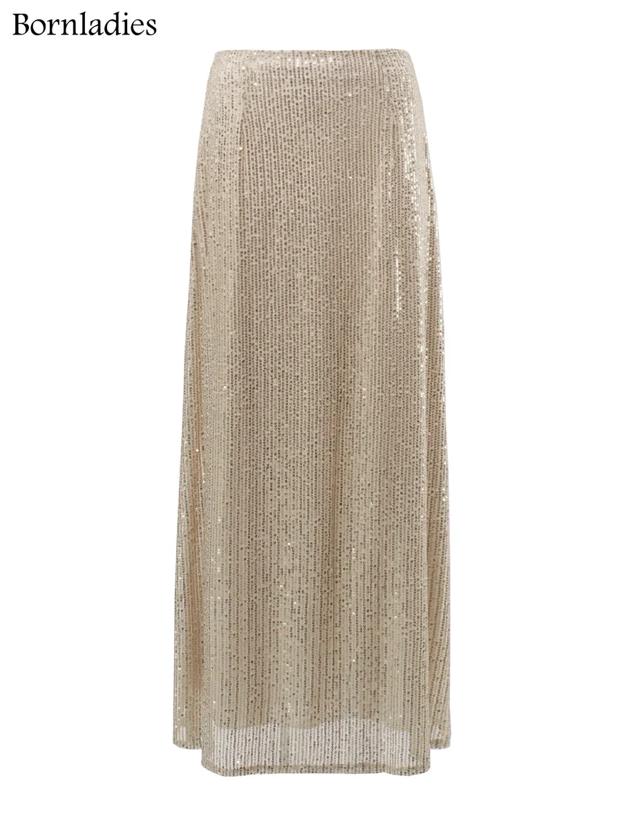 Bornladies Elegant Silk Sequins Women Skirt 2025 Dropped Waist Long Skirts Streetwear Classic Skirt Fashion Female Clothing