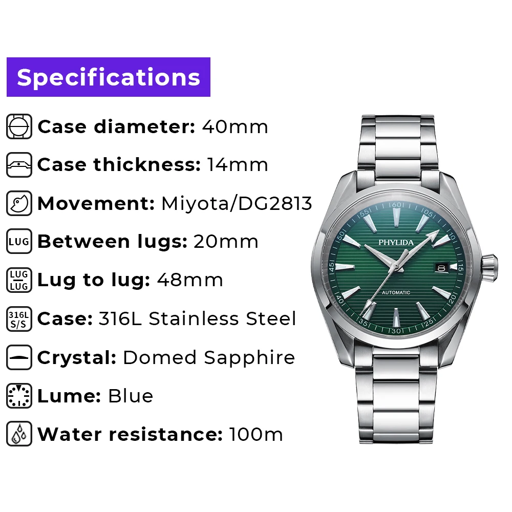 PHYLIDA Automatic Watch Green Dial Miyota Mechanical Wristwatch Solid SS  Sapphire Crystal Aqua 100m WR