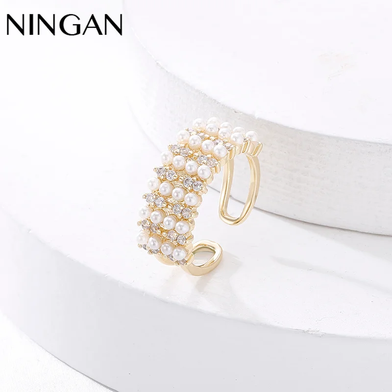 

NINGAN Sparkling Zircon Pearl Women's Ring Terndy Ladies Wedding Party Opening Rings Girl Finger Personality Jewelry