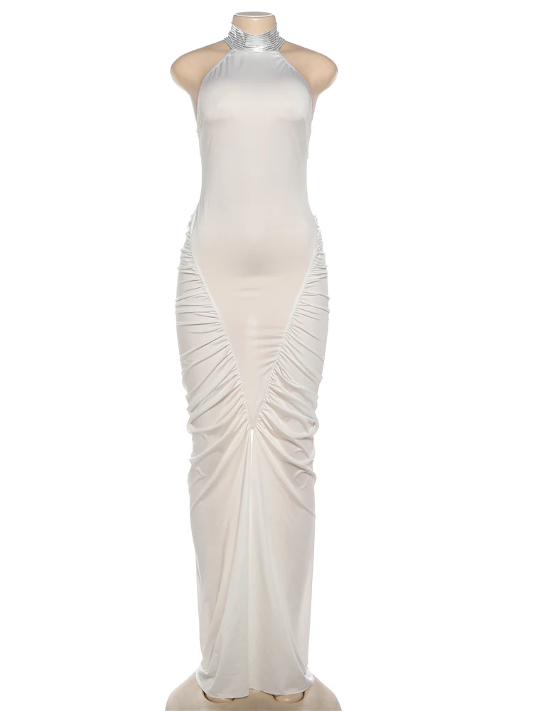 Nibber Button Stripe Turtleneck Maxi Dress Women Backless Folds High Split Sleeveless Elegant Fashion Banquet Chic Vestidos