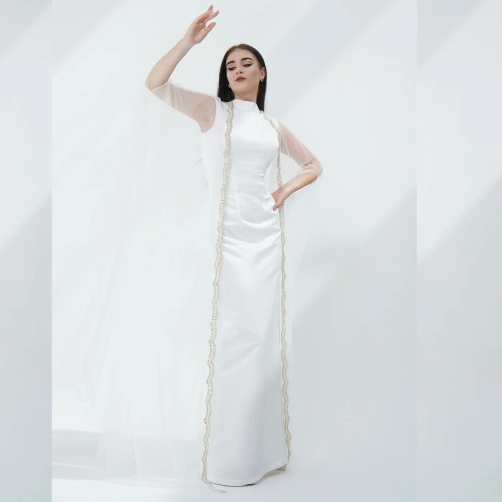 Jersey Sequined Ruched Wedding Party A-line High Collar Bespoke Occasion Gown Long Sleeve Dresses