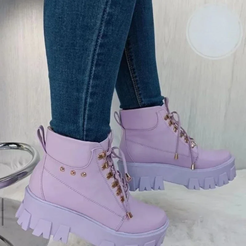 Platform Motorcycle Boots for Women 2023 New Purple Women's Ankle Boots Height-increasing Thick Sole Fashion Lace Up Punk Boots