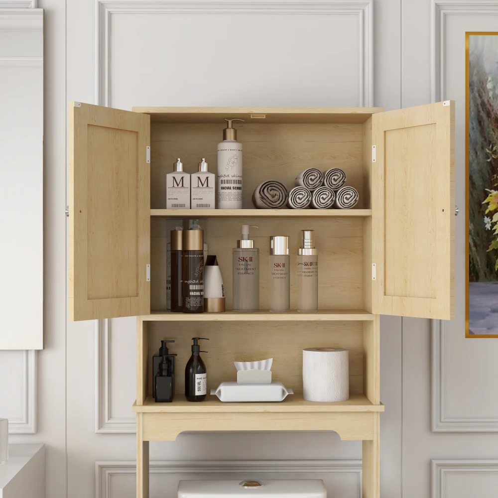 Over The Toilet  Cabinet, Bathroom Shelves Over Toilet with 2 Rattan Doors&Adjustable Shelves&Open  Shelf-Natural Wood 4