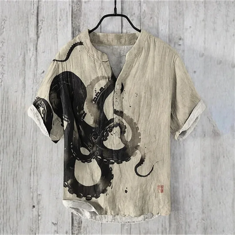 Summer Fashion Men's Small V-neck Japanese Art Frog Print Standing Neck Shirt Men's Leisure Art Short sleeved Shirt
