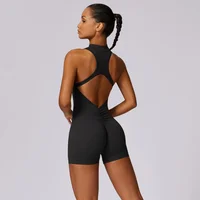 Solid color Scrunch Back Waist Tight Yoga Jumpsuit Shorts Set Women Zipper Gym Sportswear Fitness One Piece Sports Suit Workout - Image 6