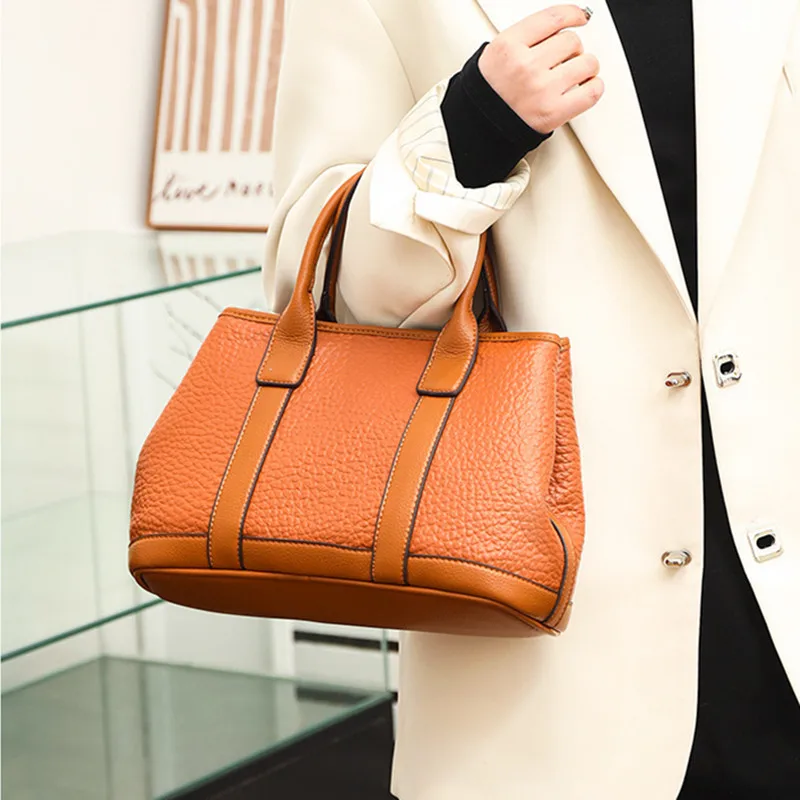 

Genuine Leather Women's Handbags Luxury Fashion Cowhide Lady Tote Bag Shoulder Messenger Bag Wide Strap Top Handle Bags