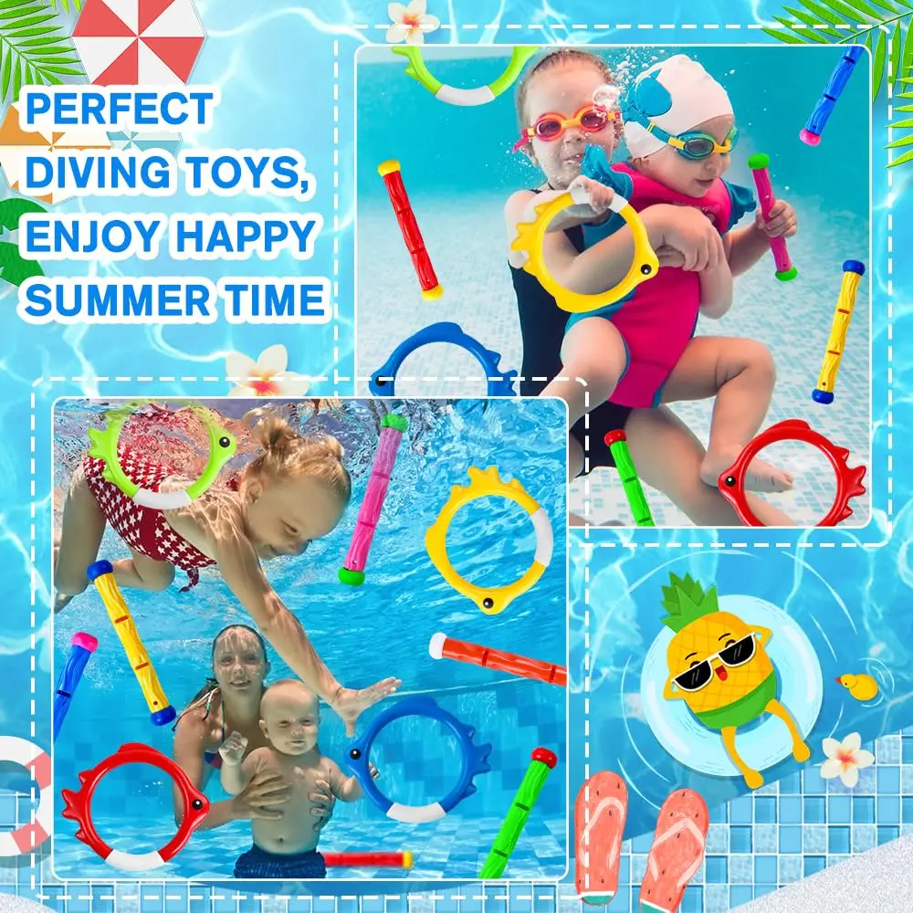 9Pcs Pool Diving Swim Toys Colorful Underwater Training Sinking Throwing Dive Rings Sticks for Kids Summer Swimming Party Game