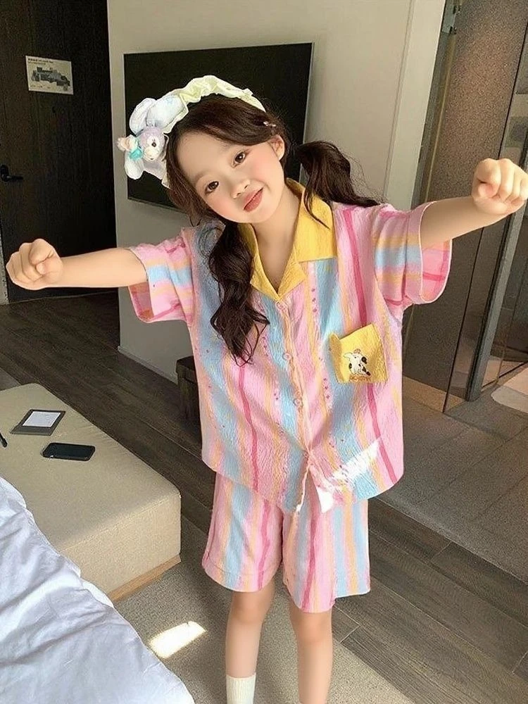 새로운 여자아이 여름 파자마 세트 반팔 루즈핏 화려하고 귀여운 라운지웨어