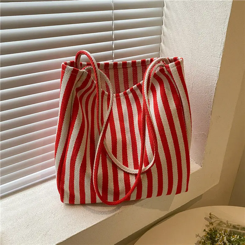 

2022 New Spring Autum Women Shoulder Bags Portable Large Capacity Shopping Canvas Bag Underarm Simple Striped Totes Ins Handbag