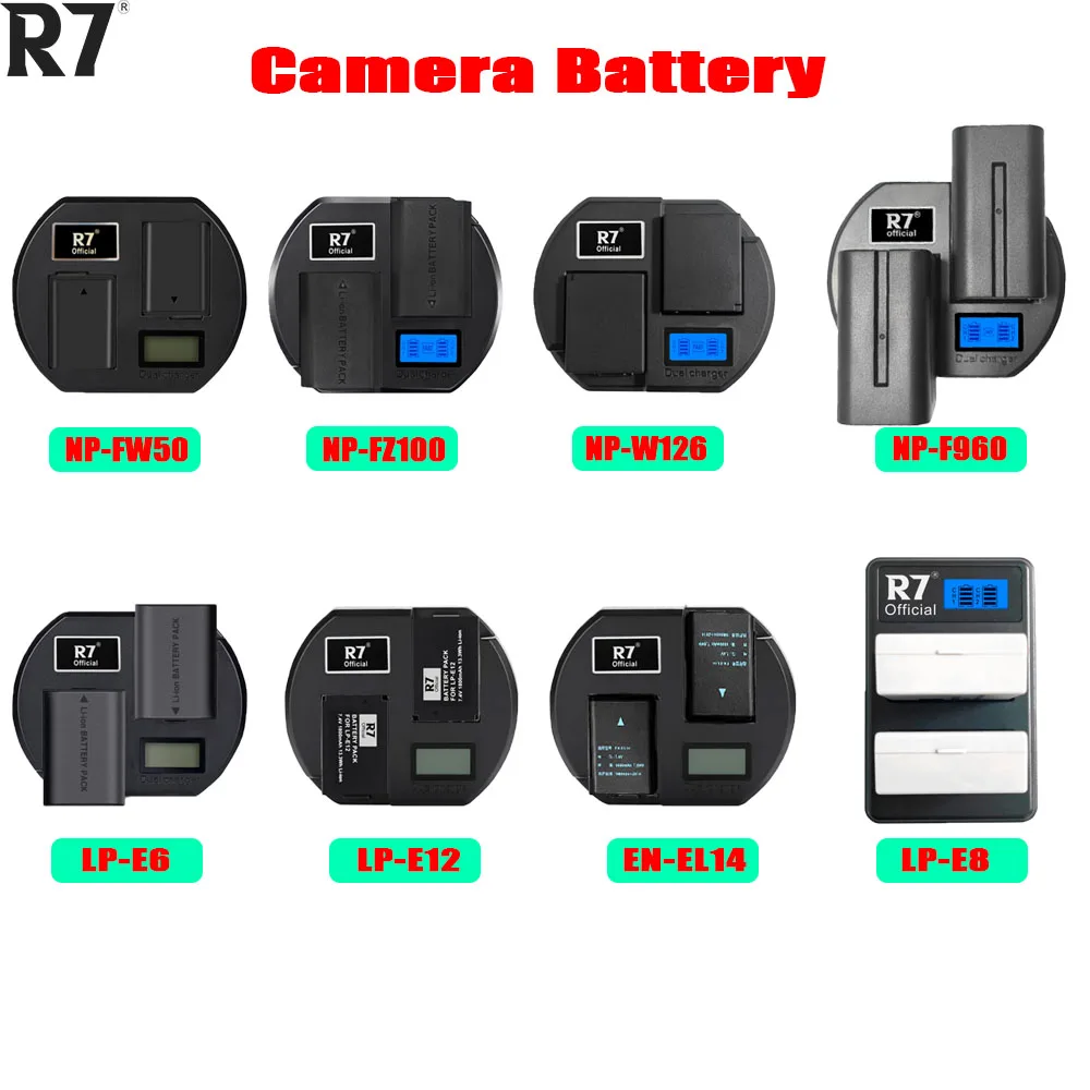 

R7 LPE6 LPE8 LPE12 camera battery for Canon, EN-EL14 Battery for Nikon, NP-FW50 NP-FZ100 NP-F960 for Sony, NP-W126 w126 for Fuji