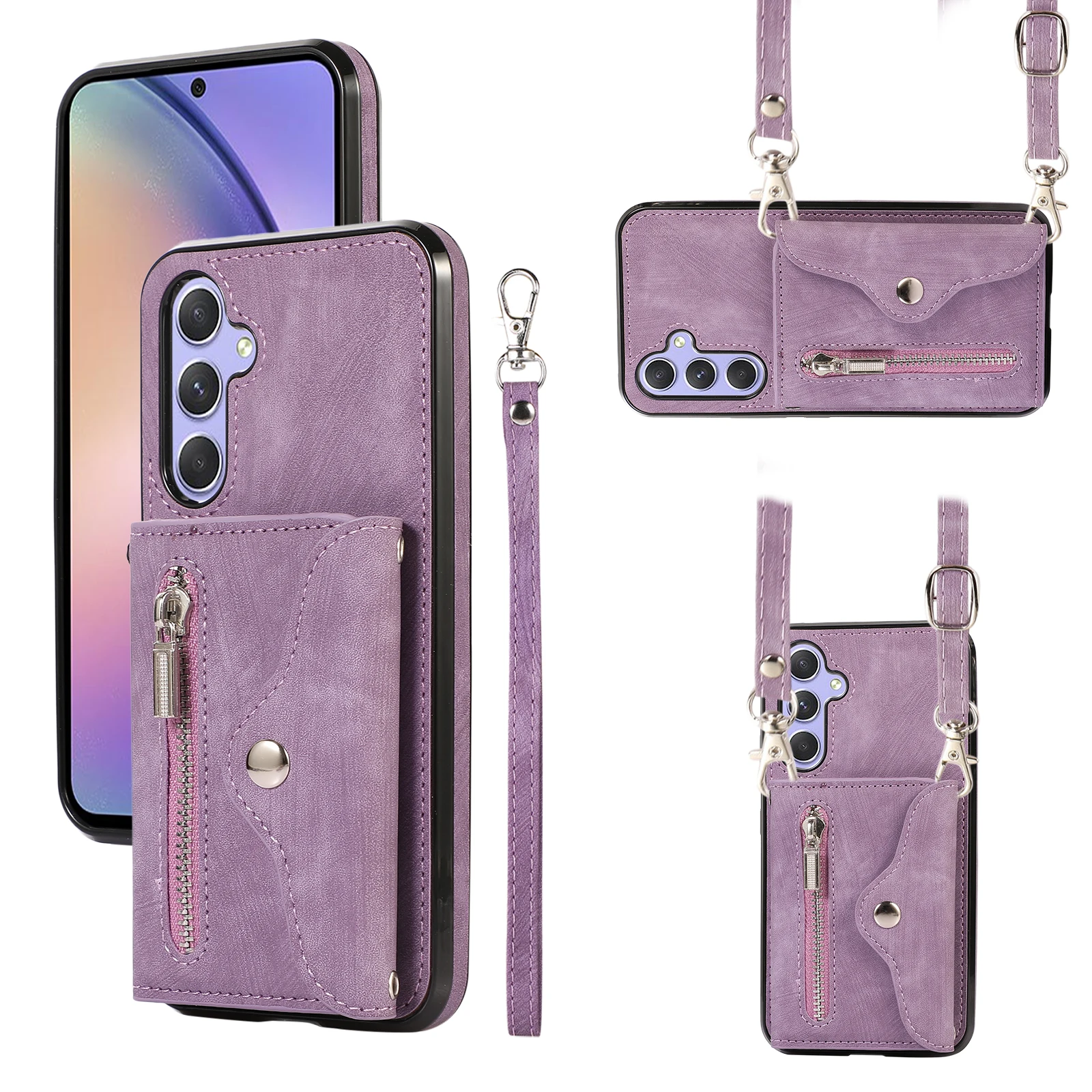 

Zipper Wallet Lanyard Card Solt Case For Samsung Galaxy A54 A34 A14 A52 A72 A32 A12 S23 Ultra S22 Plus S21 FE Note20 Strap Cover