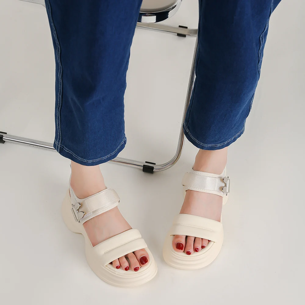 SOMILISS Women Chunky Platform Sandals Hook Loop Microfiber Leather Round Toe Summer Fashion Flat Casual Ladies Sandals Shoes