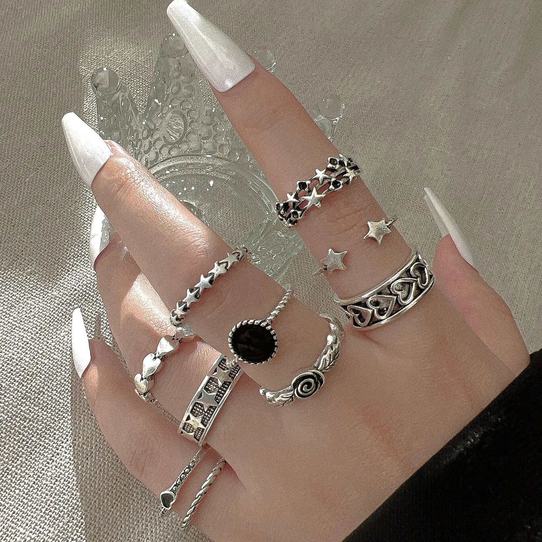 Bohemian Lotus Ring Set for Women Shell Rose Butterfly Gothic Vintage Plated Retro Rhinestone Bohemia Finger Jewelry