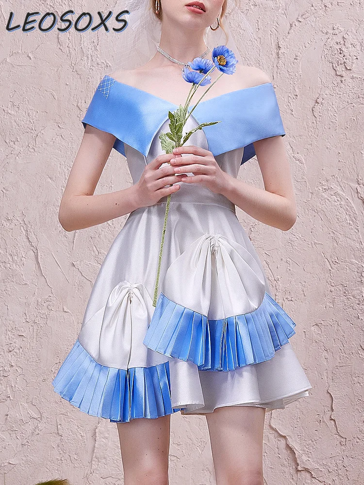 

Sweet Princess Temperament Short Dress Summer New Socialite Blue White Color Matching Irregular Western Style Robe Women Dresses