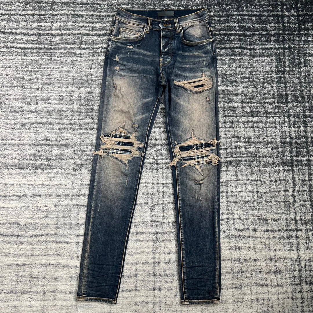 

2023 Spring Summer Dark Blue Cotton Stretch Plaid Patch Men Jeans