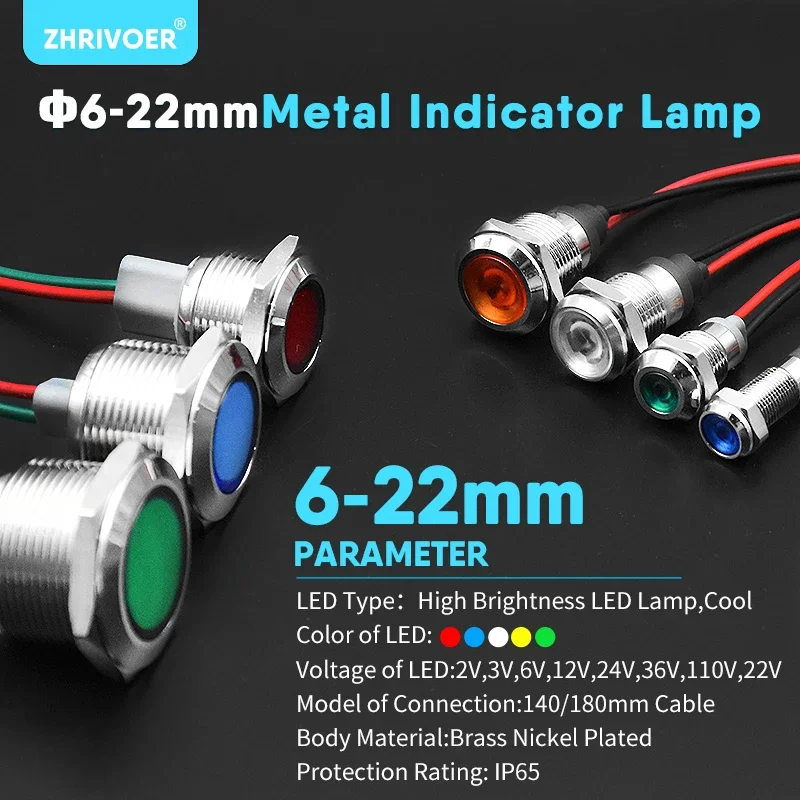 1pcs Waterproof IP67 Metal Signal Lamp LED Warning Indicator Light Pilot Wire 3V 5V 12V 24V 110V 220V 6/8/10/12/16/19/22mm