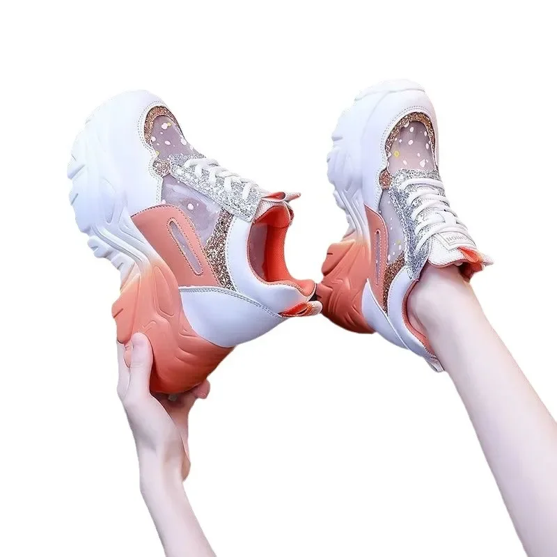 Women's Platform Shoes Autumn Casual Breathable Mesh Sequin Sneakers Wedges Sports Lace-up Non-slip women shoes,casual shoes,women sneakers