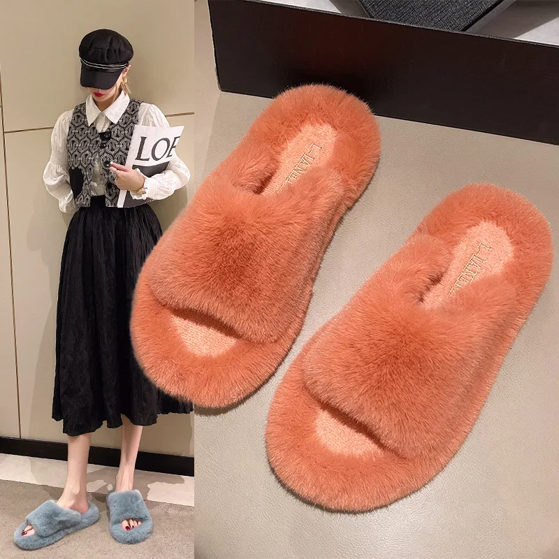 Indoor Women Fur Slippers Fluffy Soft Furry Slides Flats Non Slip House Shoes LadiesOpen Toe Footwear Ytmtloy Zapatillas Mujer