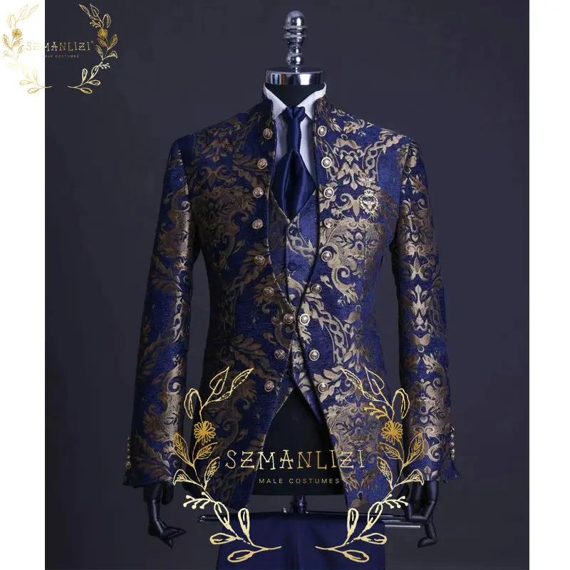 

Handsome Blue Gold Floral Rim Stage Men Suit Set Stand Collar Mens Wedding Suits Formal Groom Tuxedo Costume (Jacket+pants+vest)