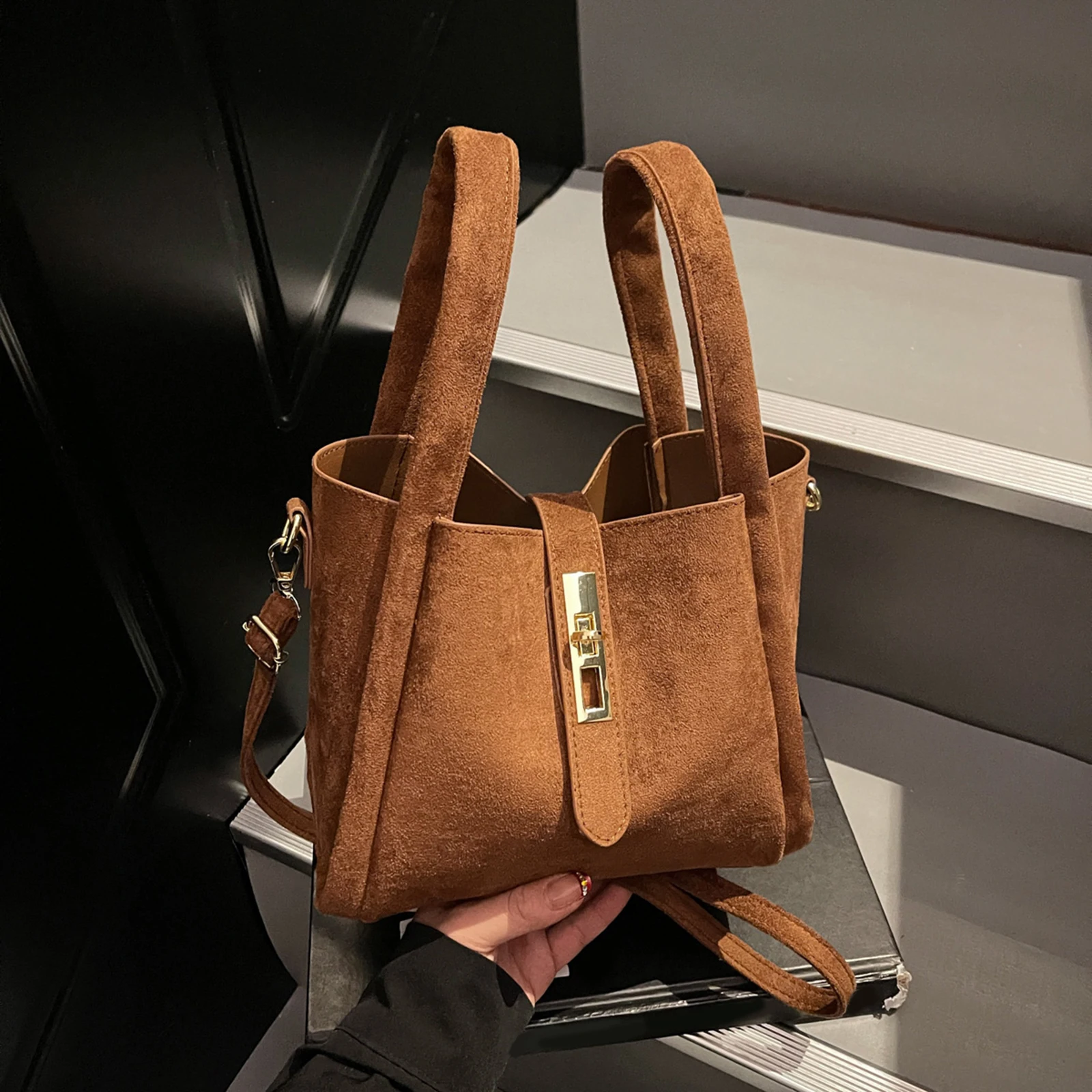 Faux Suede Bucket Bag Hasp Closure Top Handle Handbag Lightweight Storage Basket Solid Color for Women Travel Shopping