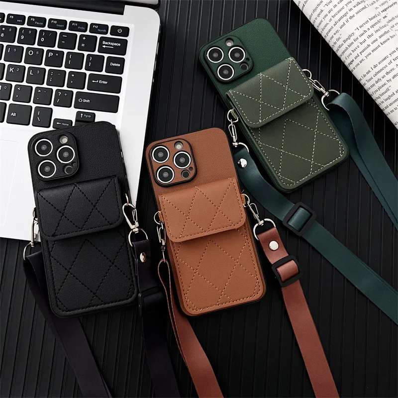 Leather Dust-Proof Phone Case with Wide Lanyard and Card Holder