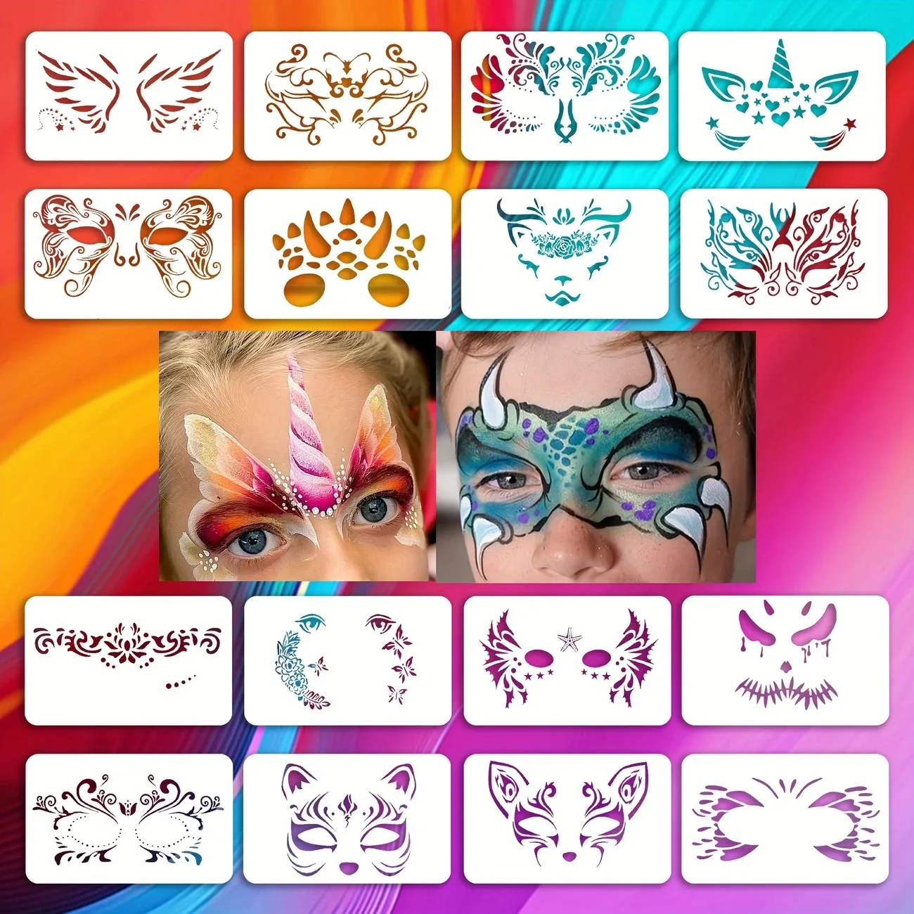 16pcs Reusable PET Face Painting Stencils Assorted Designs for DIY Makeup,Costume Parties Washable Stencils for Painting Face Painting Template Henna Tattoo Stencils