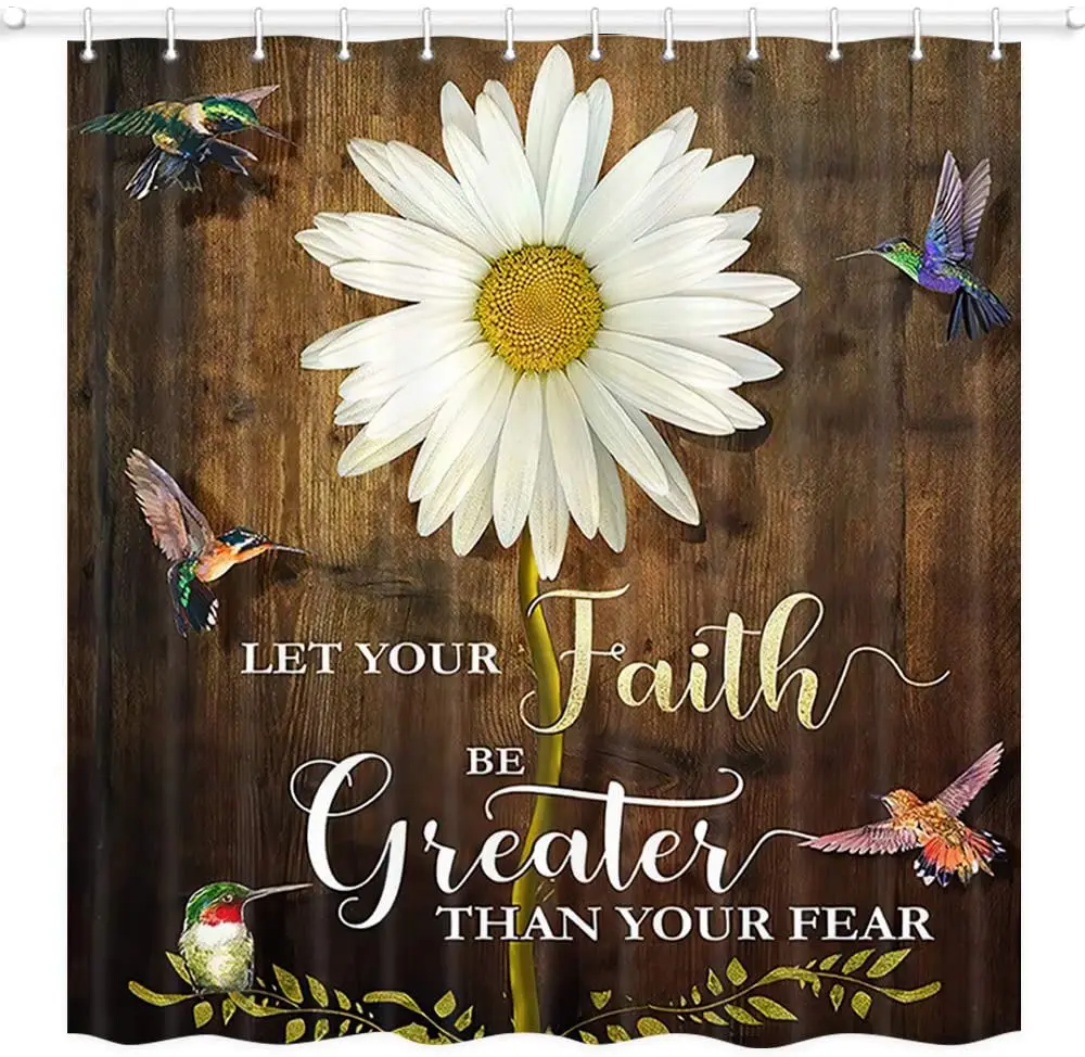 

Daisy Flower Shower Curtain Daisy Hummingbird Wooden Country Farmhouse Polyester Fabric Bath Curtains Bathroom Set with Hooks