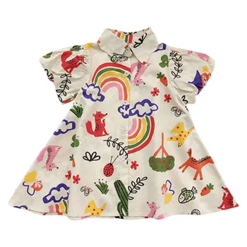 Kids Girls Shirt Dress Toddler Baby Summer Cute Cartoon Prints Short Sleeve Party Princess Dress Lapel Sundress Girls Clothes 2
