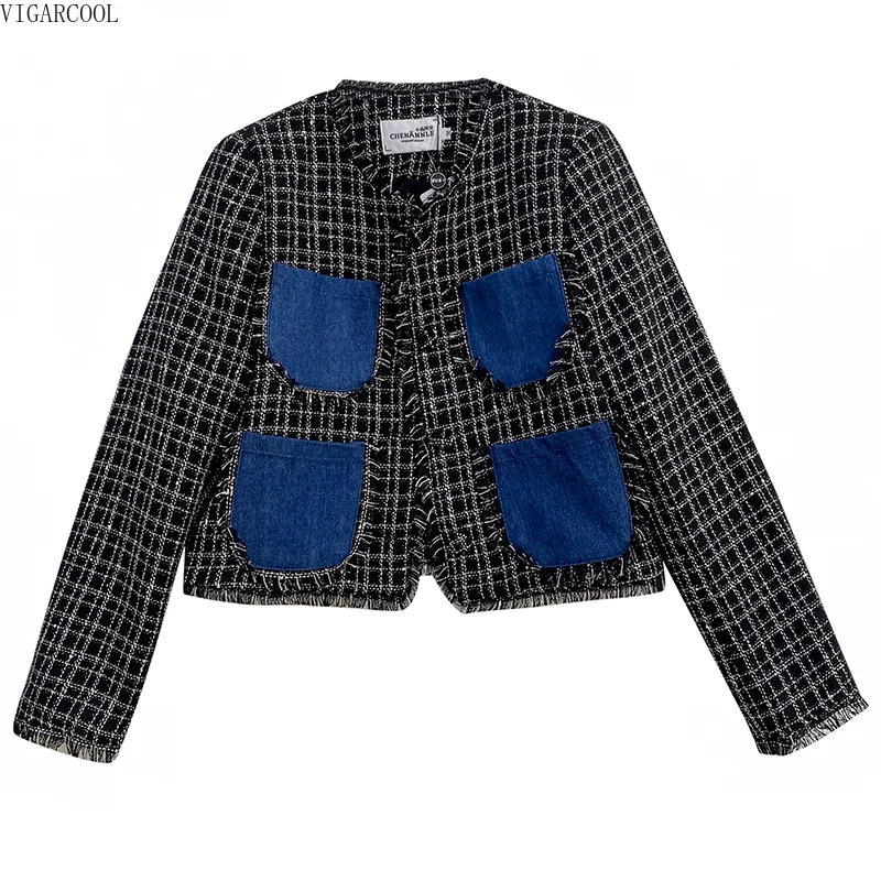 

Spring New Round Neck Woven Tweed White Coat 2023 Tassel Design Sense Single Breasted Denim Panel Pocket Long Sleeve Top Fashion