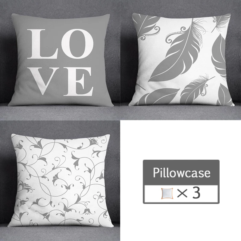3pcs/lot 45X45CM Gray Lumbar Pillow Case Polyester Geometry Leaf Floral Stripes Plaids Print Sofa Throw Cushion Cover Home Decor 