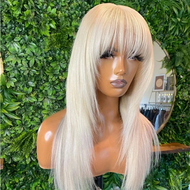 

Blonde 613 Straight With Bangs Glueless Lace Front Wig For Women Babyhair Soft 26Inch 180%Density Preplucked Hairline